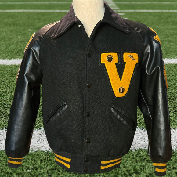 1970's Texas Varsity Letterman Jacket Black and Gold Size 36